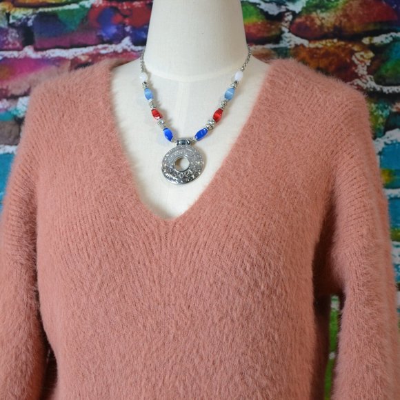 Forever 21 Pink Mauve Fuzzy V Neck Long Sleeve Ribbed Sweater Size M - Picture 2 of 7